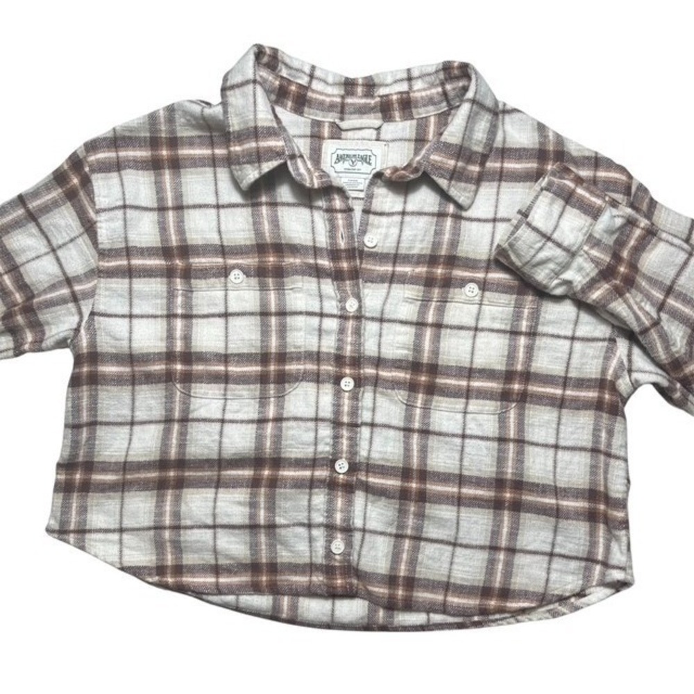 America Eagle Outfitters Womens Sz S Plaid Flannel Cropped Button-Up Brown-1468
